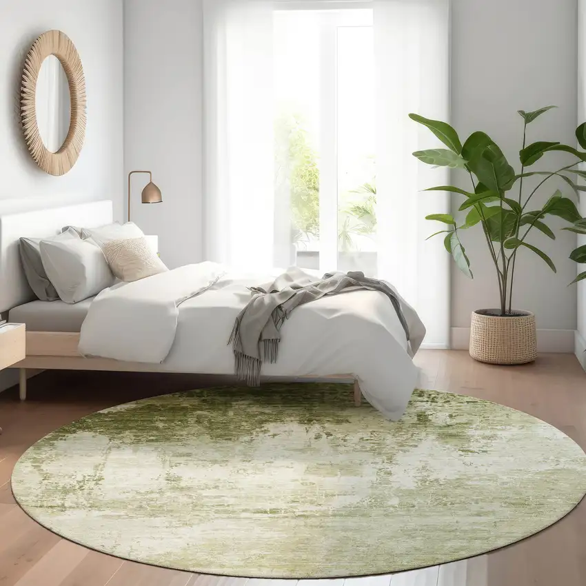 8' Sage And Ivory Round Abstract Washable Indoor Outdoor Area Rug Photo 6