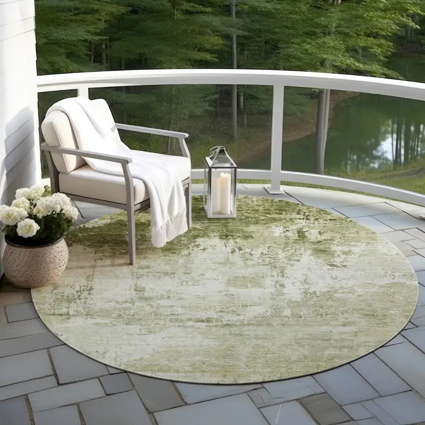 8' Sage And Ivory Round Abstract Washable Indoor Outdoor Area Rug Photo 5