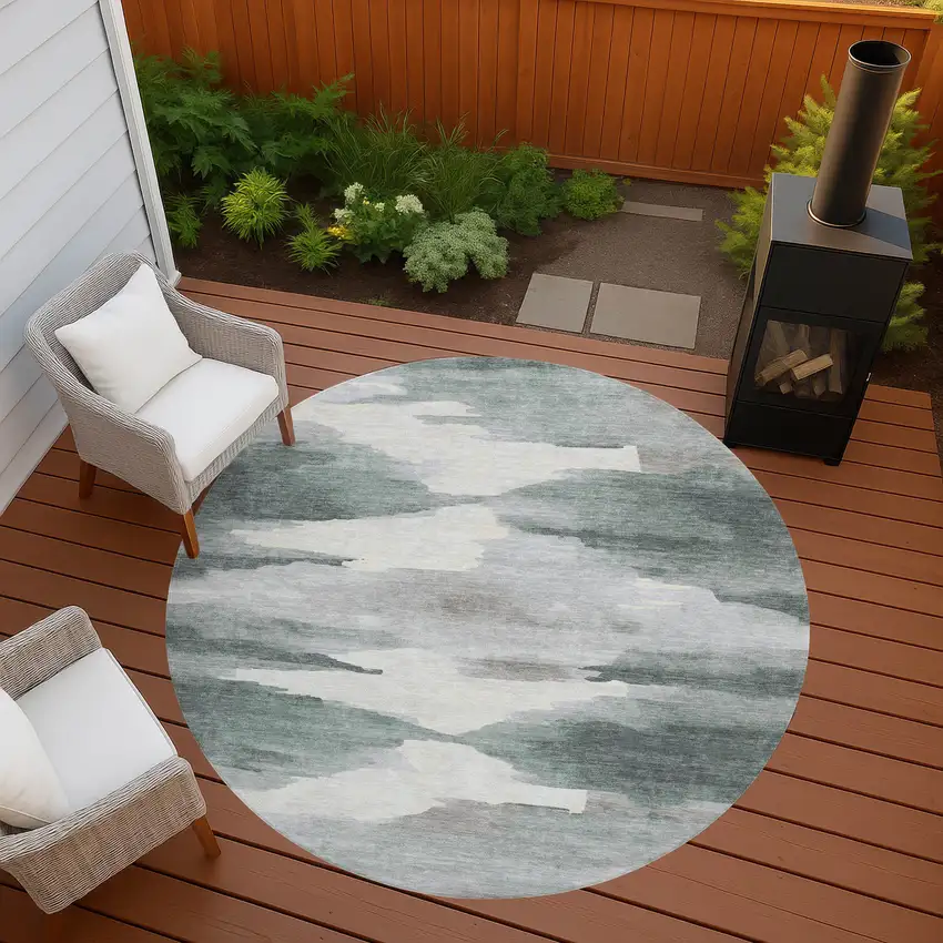 8' Sage And Ivory Round Abstract Washable Indoor Outdoor Area Rug Photo 7