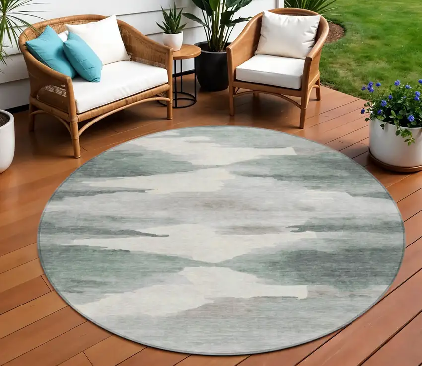 8' Sage And Ivory Round Abstract Washable Indoor Outdoor Area Rug Photo 1