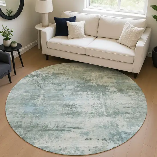 8' Sage And Ivory Round Abstract Washable Indoor Outdoor Area Rug Photo 5