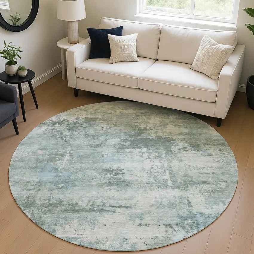 8' Sage And Ivory Round Abstract Washable Indoor Outdoor Area Rug Photo 5