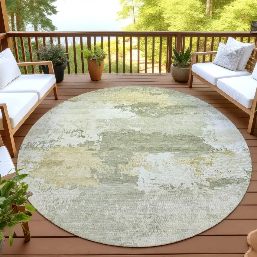 8' Sage And Ivory Round Abstract Washable Indoor Outdoor Area Rug Photo 4