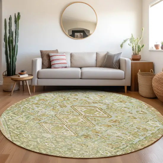 8' Sage And Ivory Round Aztec Washable Indoor Outdoor Area Rug Photo 6
