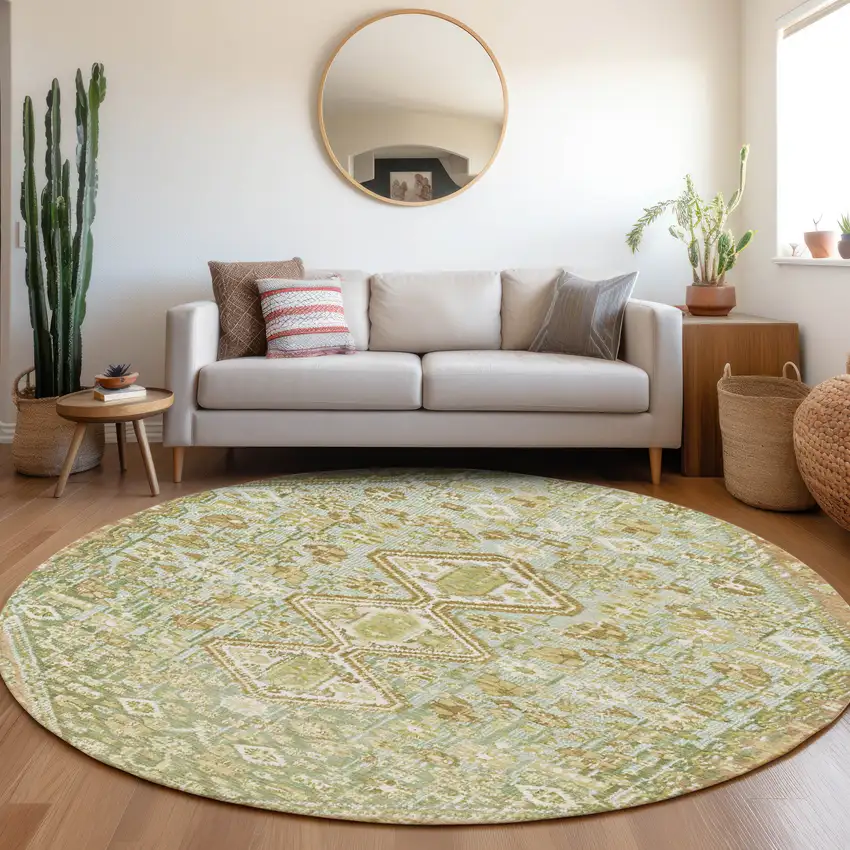 8' Sage And Ivory Round Aztec Washable Indoor Outdoor Area Rug Photo 6