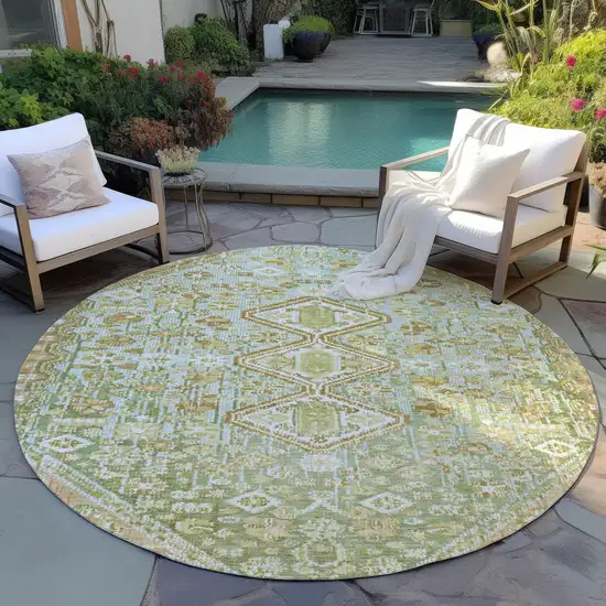 8' Sage And Ivory Round Aztec Washable Indoor Outdoor Area Rug Photo 5