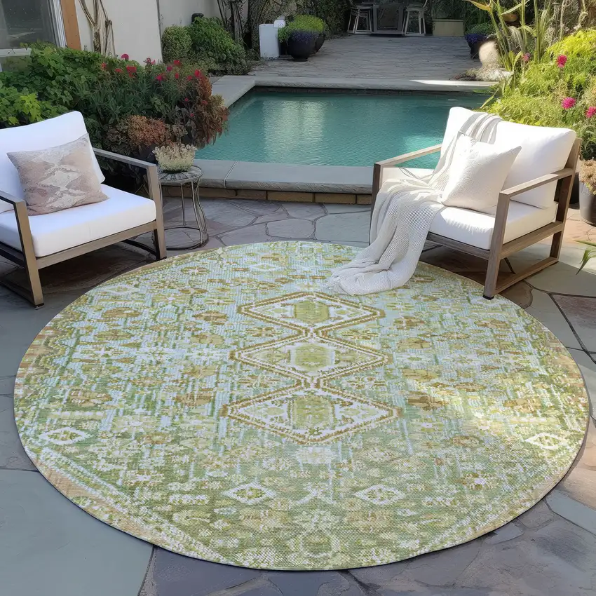 8' Sage And Ivory Round Aztec Washable Indoor Outdoor Area Rug Photo 5