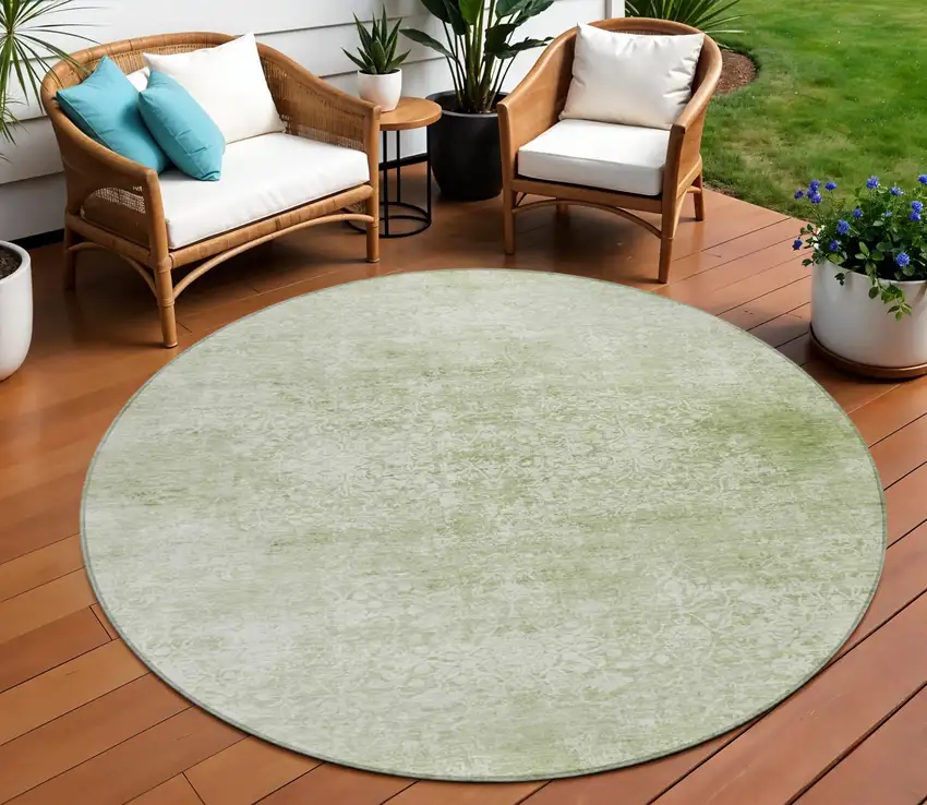 8' Sage And Ivory Round Floral Medallion Washable Indoor Outdoor Area Rug Photo 2