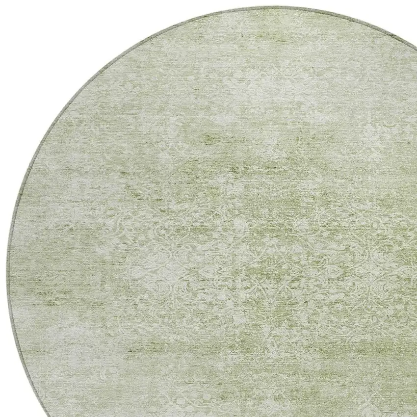 8' Sage And Ivory Round Floral Medallion Washable Indoor Outdoor Area Rug Photo 4