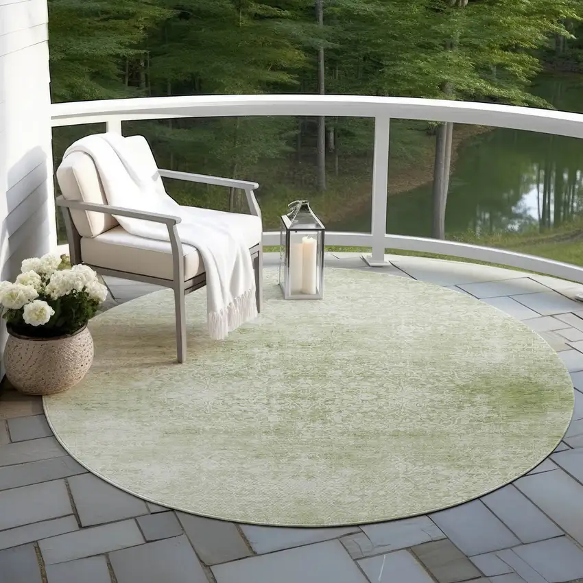 8' Sage And Ivory Round Floral Medallion Washable Indoor Outdoor Area Rug Photo 5