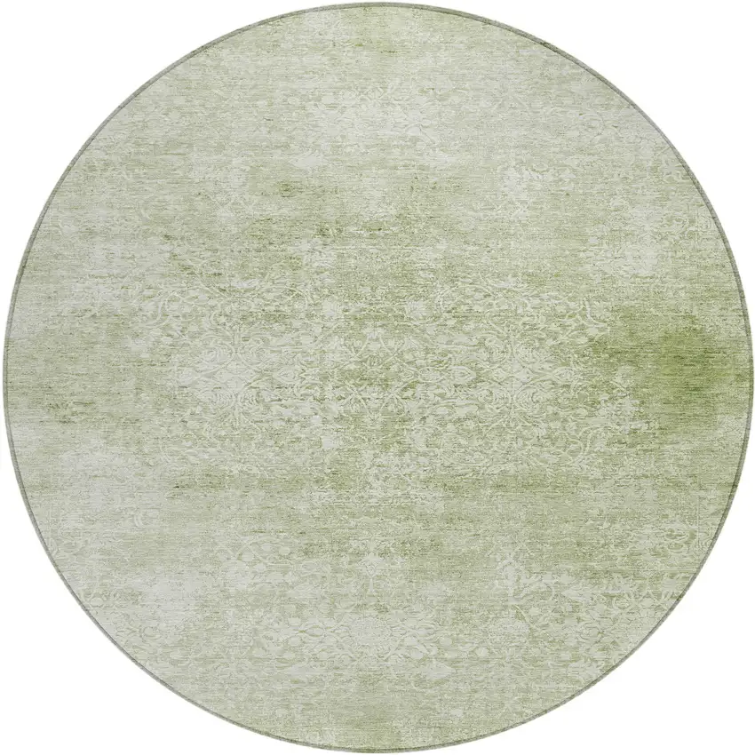 8' Sage And Ivory Round Floral Medallion Washable Indoor Outdoor Area Rug Photo 1