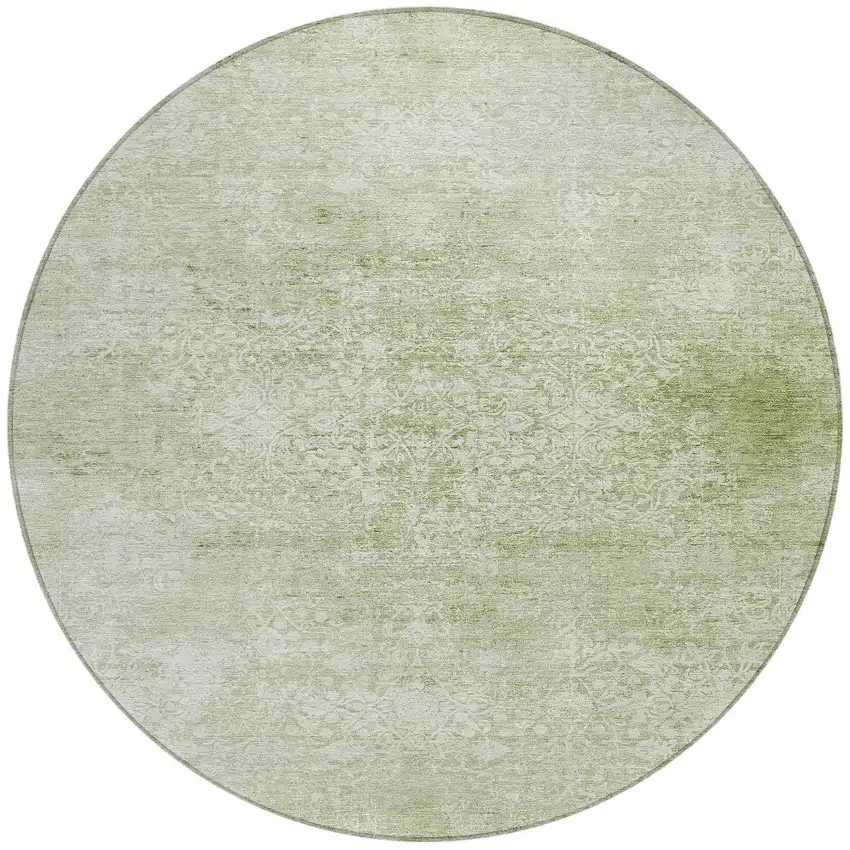 8' Sage And Ivory Round Floral Medallion Washable Indoor Outdoor Area Rug Photo 3