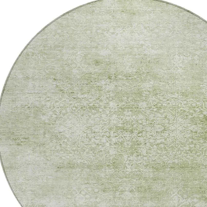 8' Sage And Ivory Round Floral Medallion Washable Indoor Outdoor Area Rug Photo 8