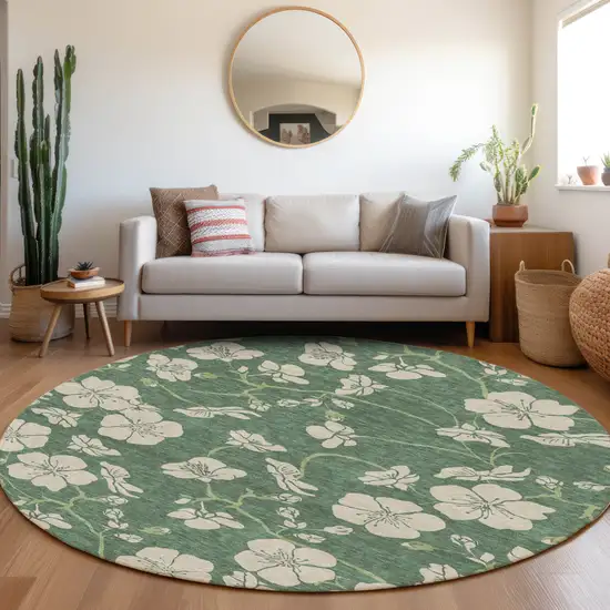 8' Sage And Ivory Round Floral Washable Indoor Outdoor Area Rug Photo 7