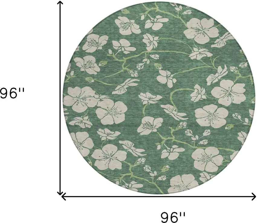 8' Sage And Ivory Round Floral Washable Indoor Outdoor Area Rug Photo 3