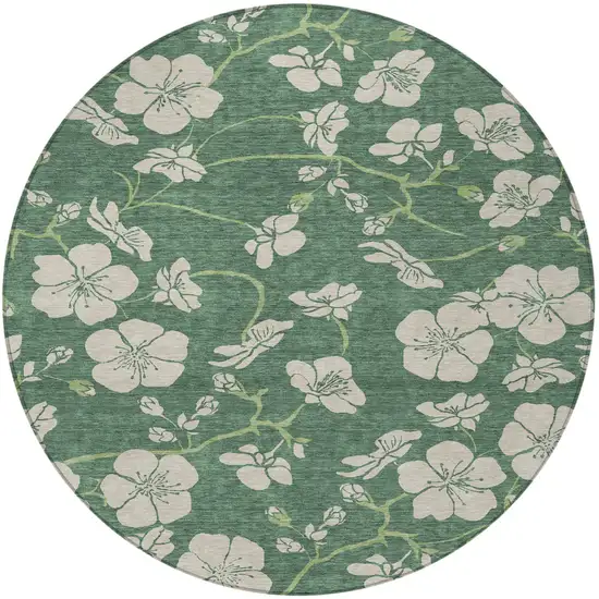 8' Sage And Ivory Round Floral Washable Indoor Outdoor Area Rug Photo 5