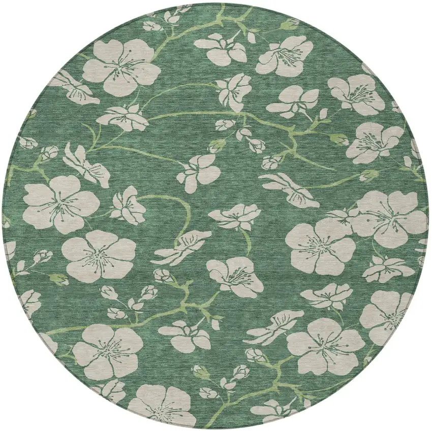 8' Sage And Ivory Round Floral Washable Indoor Outdoor Area Rug Photo 5