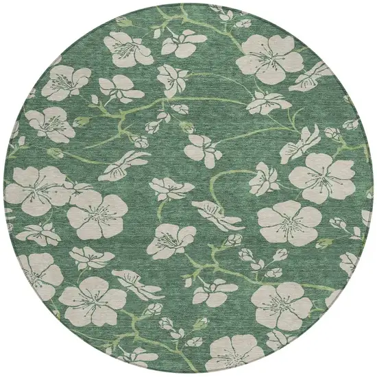 8' Sage And Ivory Round Floral Washable Indoor Outdoor Area Rug Photo 4