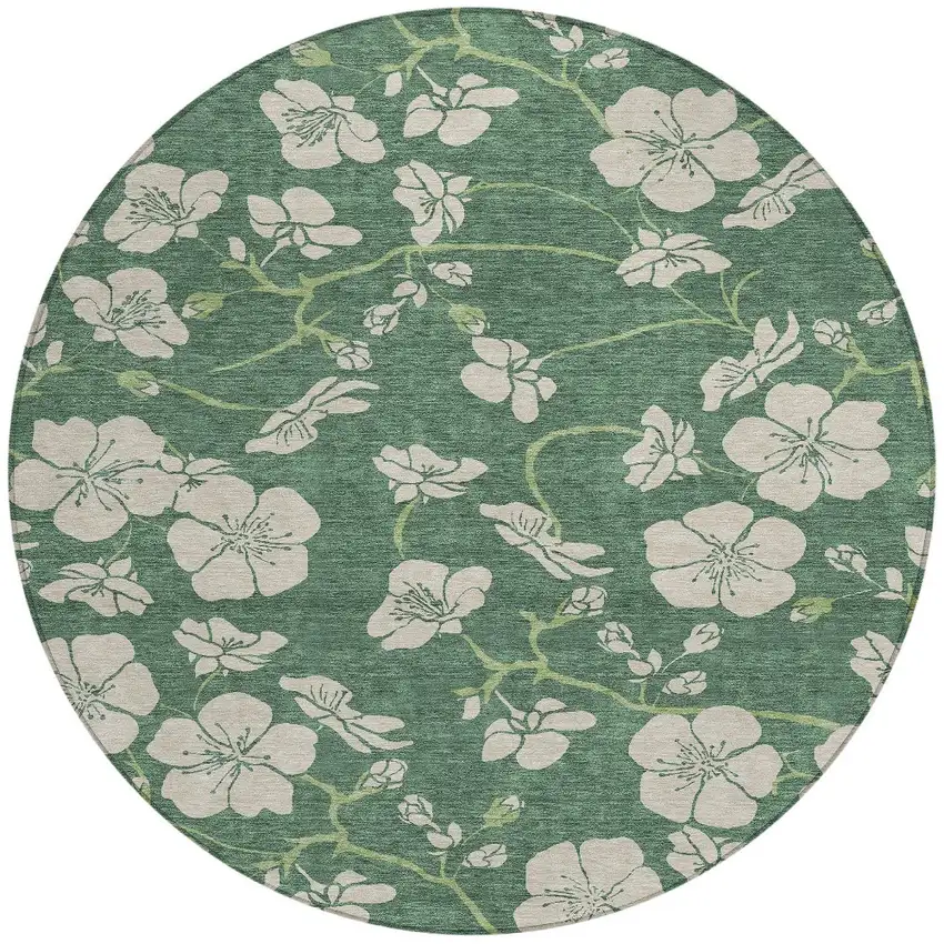 8' Sage And Ivory Round Floral Washable Indoor Outdoor Area Rug Photo 4