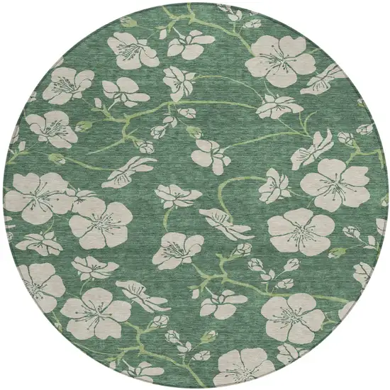 8' Sage And Ivory Round Floral Washable Indoor Outdoor Area Rug Photo 2
