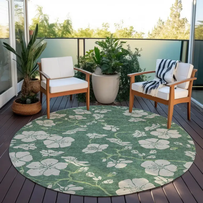 8' Sage And Ivory Round Floral Washable Indoor Outdoor Area Rug Photo 6
