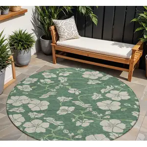Photo of 8' Sage And Ivory Round Floral Washable Indoor Outdoor Area Rug