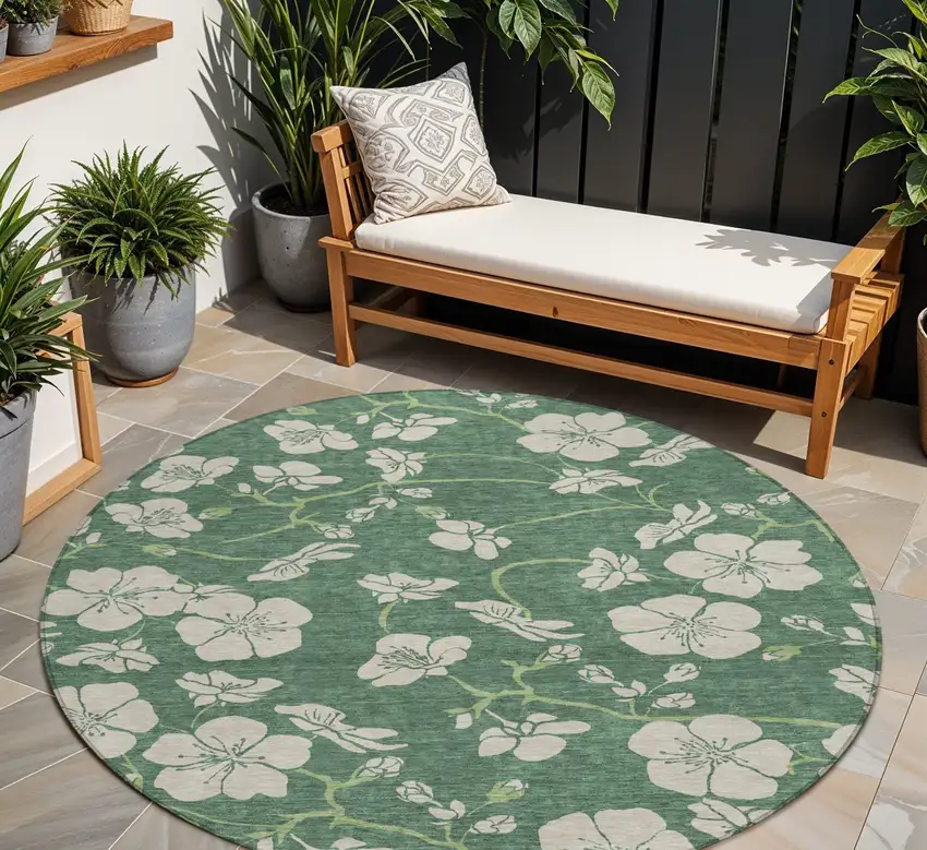 8' Sage And Ivory Round Floral Washable Indoor Outdoor Area Rug Photo 1