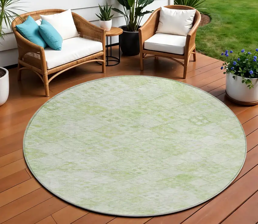 8' Sage And Ivory Round Geometric Washable Indoor Outdoor Area Rug Photo 1