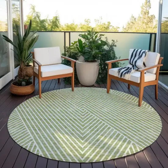 8' Sage And Ivory Round Geometric Washable Indoor Outdoor Area Rug Photo 5