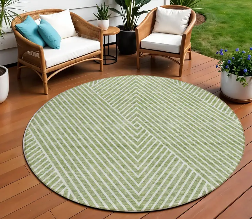 8' Sage And Ivory Round Geometric Washable Indoor Outdoor Area Rug Photo 1
