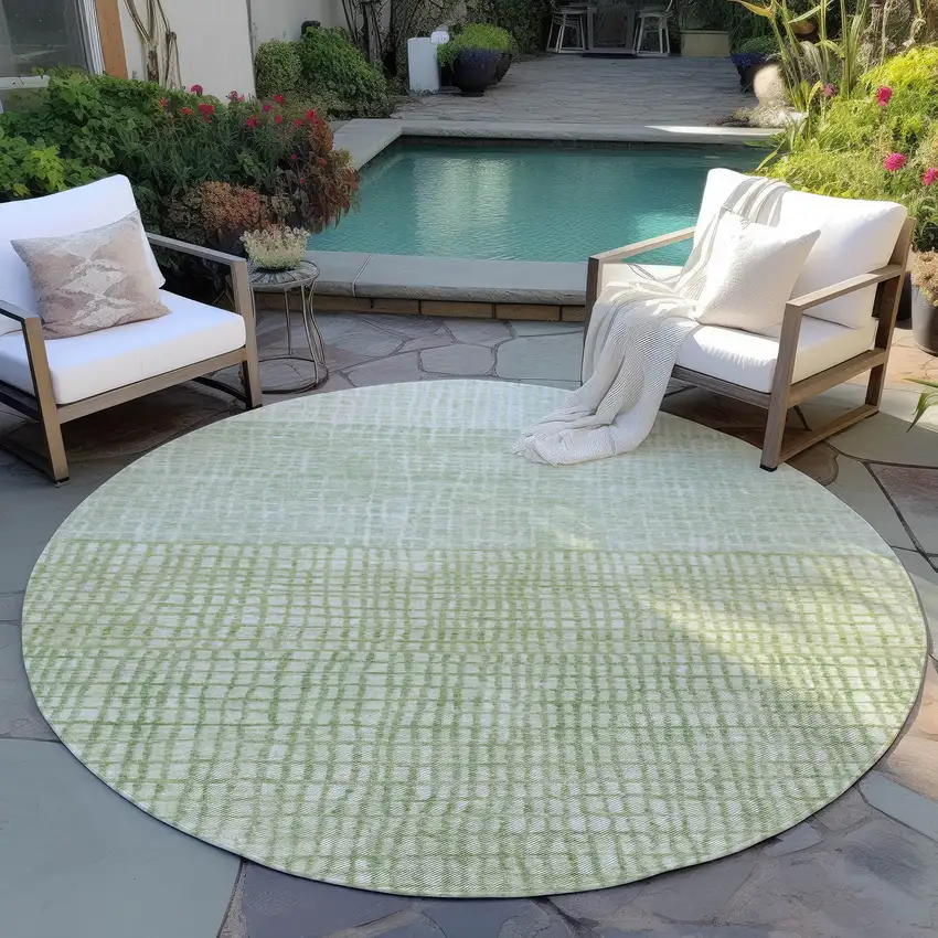 8' Sage And Ivory Round Geometric Washable Indoor Outdoor Area Rug Photo 5