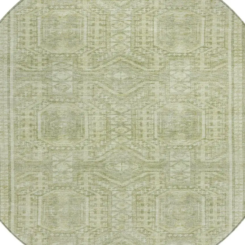 8' Sage And Ivory Round Geometric Washable Indoor Outdoor Area Rug Photo 9