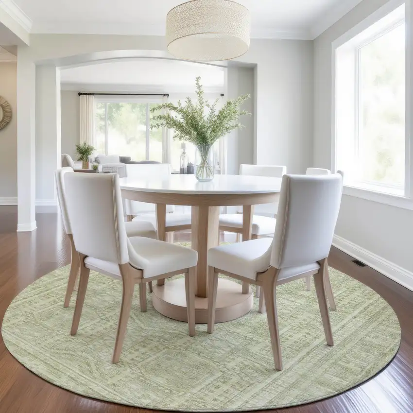 8' Sage And Ivory Round Geometric Washable Indoor Outdoor Area Rug Photo 7