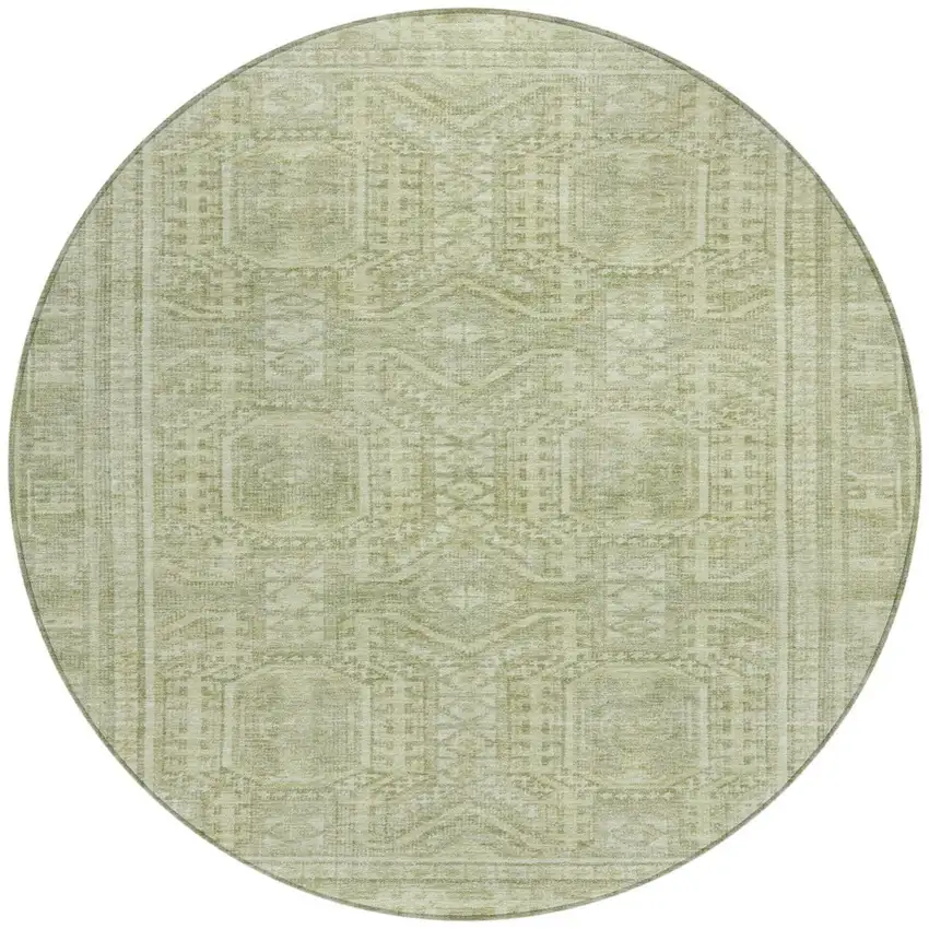 8' Sage And Ivory Round Geometric Washable Indoor Outdoor Area Rug Photo 3