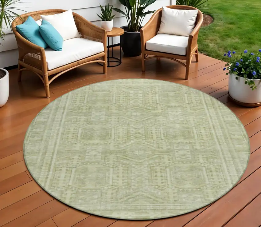 8' Sage And Ivory Round Geometric Washable Indoor Outdoor Area Rug Photo 2