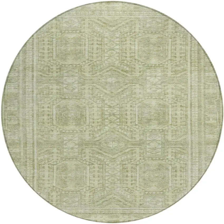8' Sage And Ivory Round Geometric Washable Indoor Outdoor Area Rug Photo 1