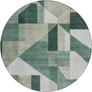 Photo of 8' Sage And Ivory Round Geometric Washable Indoor Outdoor Area Rug