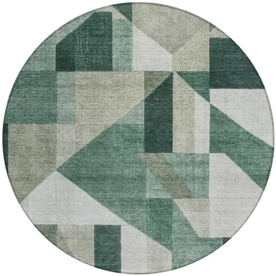 8' Sage And Ivory Round Geometric Washable Indoor Outdoor Area Rug Photo 3