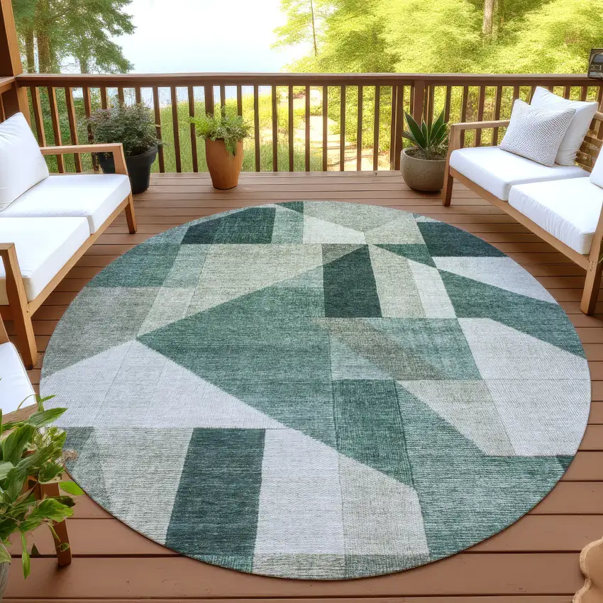8' Sage And Ivory Round Geometric Washable Indoor Outdoor Area Rug Photo 4