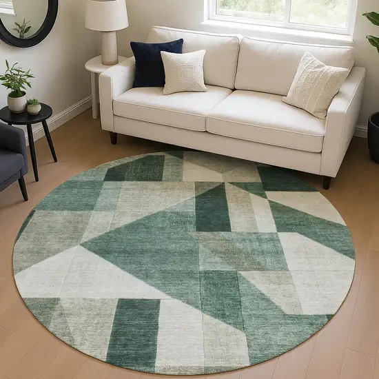 8' Sage And Ivory Round Geometric Washable Indoor Outdoor Area Rug Photo 5
