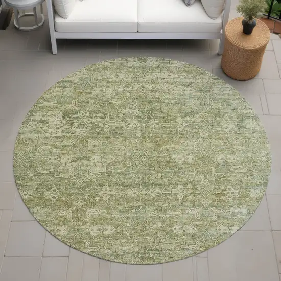 8' Sage And Ivory Round Ikat Washable Indoor Outdoor Area Rug Photo 6