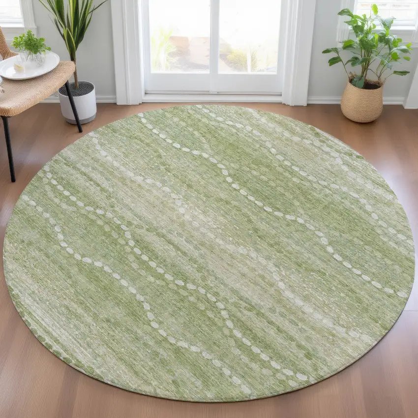 8' Sage And Ivory Round Ogee Washable Indoor Outdoor Area Rug Photo 6