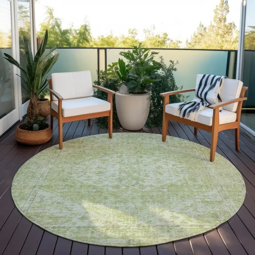 8' Sage And Ivory Round Oriental Washable Indoor Outdoor Area Rug Photo 7
