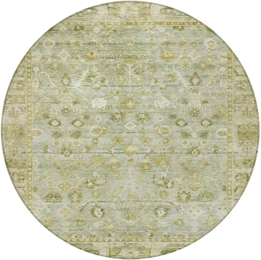 8' Sage And Ivory Round Oriental Washable Indoor Outdoor Area Rug Photo 4