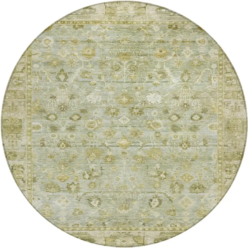8' Sage And Ivory Round Oriental Washable Indoor Outdoor Area Rug Photo 1