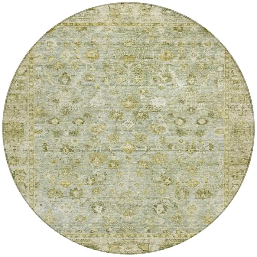 8' Sage And Ivory Round Oriental Washable Indoor Outdoor Area Rug Photo 3