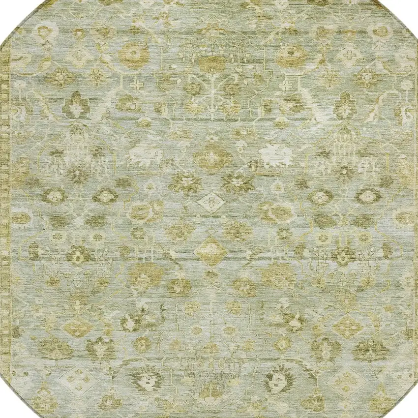 8' Sage And Ivory Round Oriental Washable Indoor Outdoor Area Rug Photo 9
