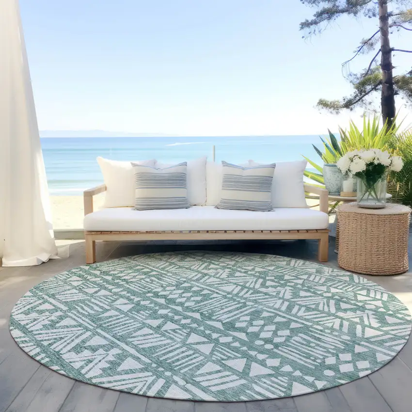 8' Sage And Ivory Round Southwestern Washable Indoor Outdoor Area Rug Photo 7