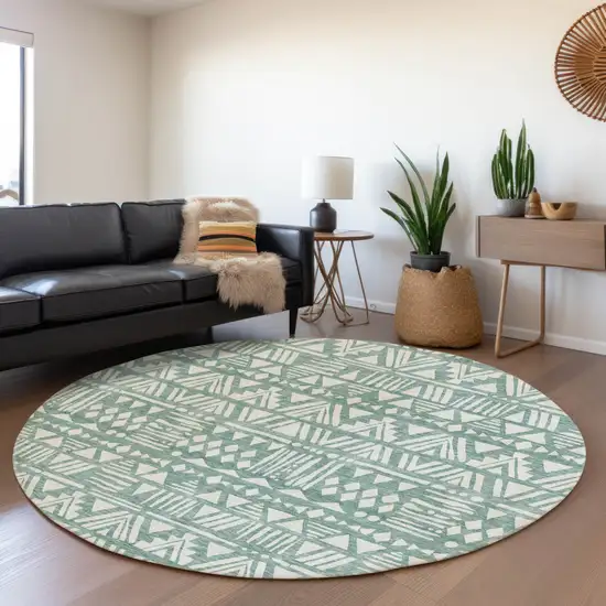 8' Sage And Ivory Round Southwestern Washable Indoor Outdoor Area Rug Photo 8