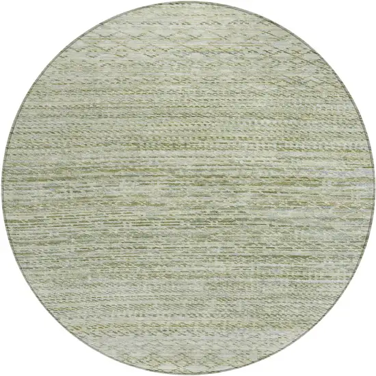 8' Sage And Ivory Round Striped Washable Indoor Outdoor Area Rug Photo 1